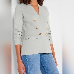 Express Light Gray Blazer with Gold Buttons Double Breasted Sweater Jacket